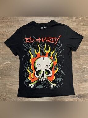 Ed Hardy Black Skull Flame Graphic Tee Size M